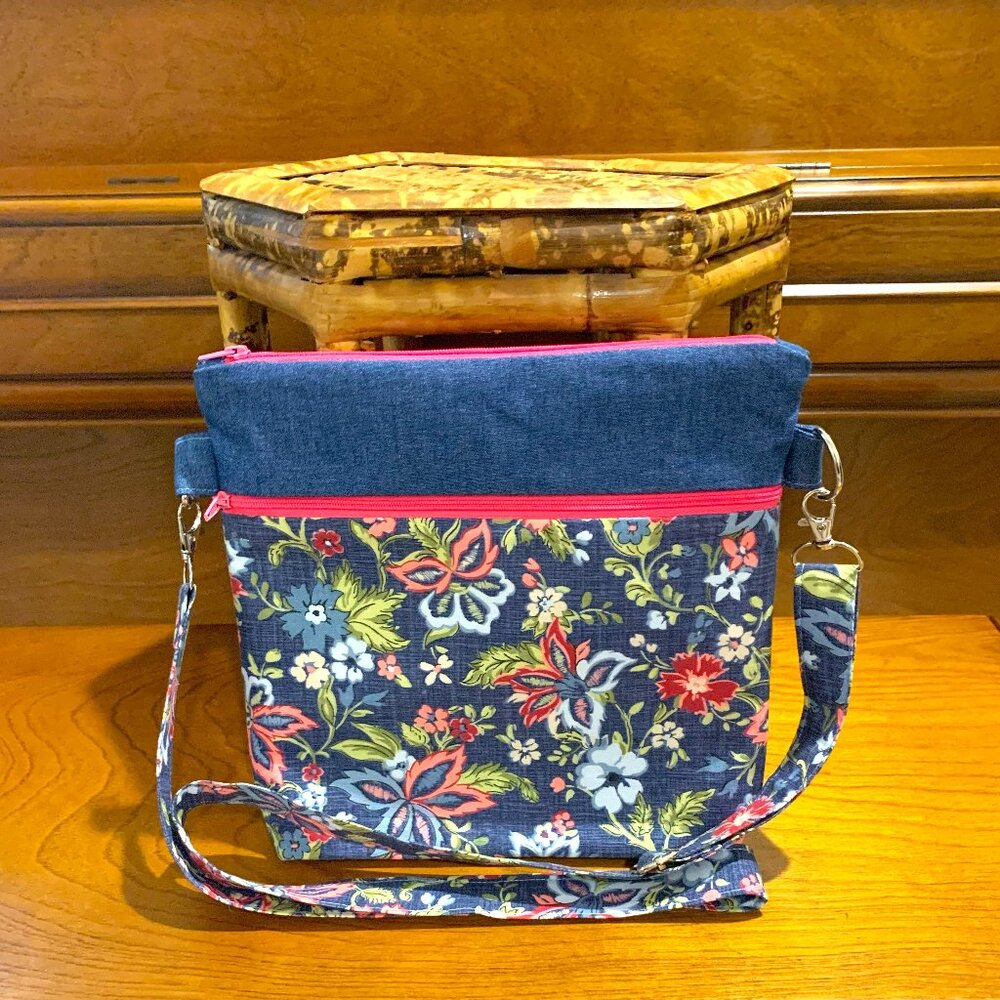 Handmade Denim and Cotton Floral Crossbody Bag with Lining and Zippered Closure